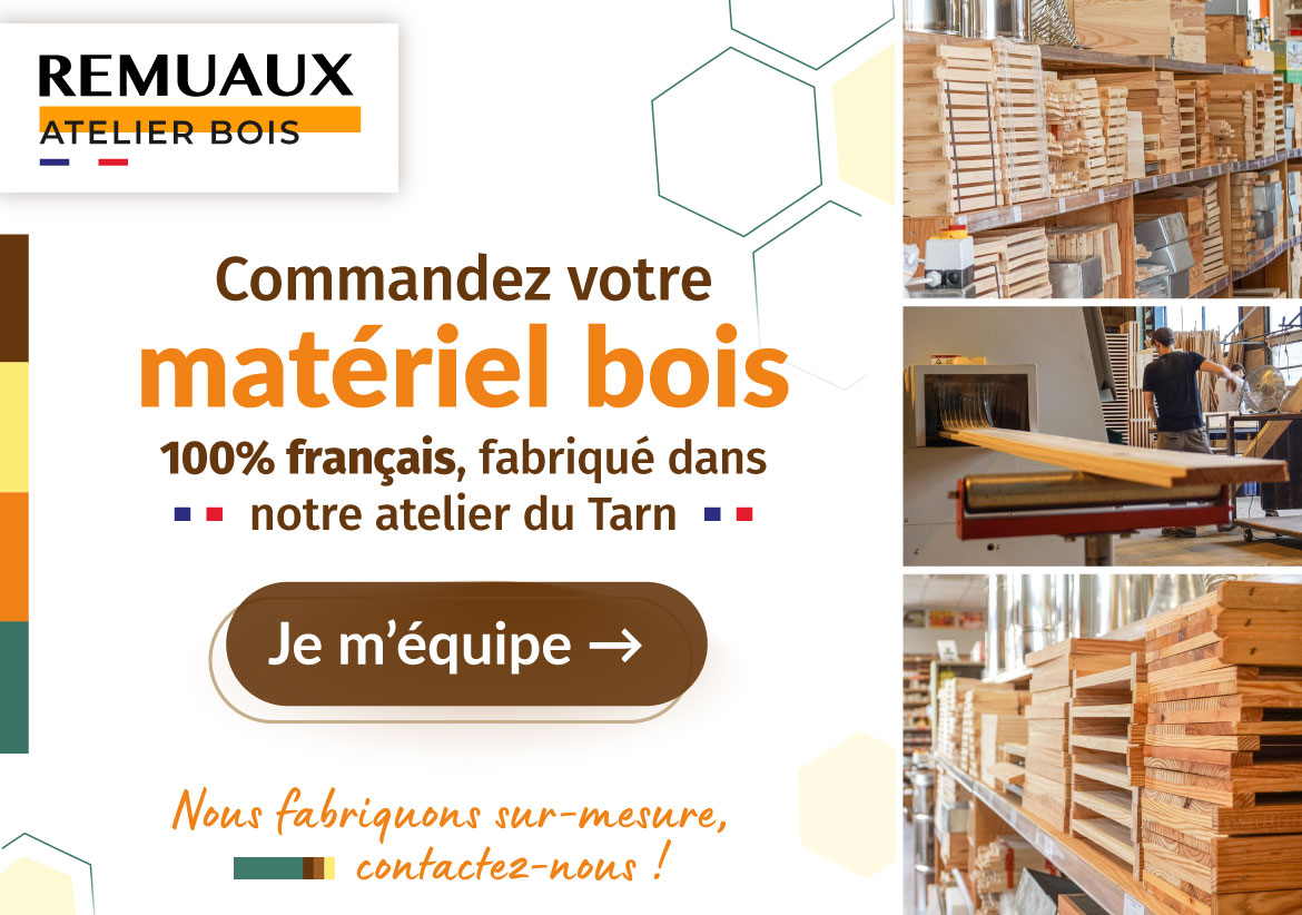 Equipez vos ruchers avec notre matériel bois 100% français, fabriqué dans notre menuiserie du Tarn. Equipez vos ruchers avec notre matériel bois 100% français, fabriqué dans notre menuiserie du Tarn.